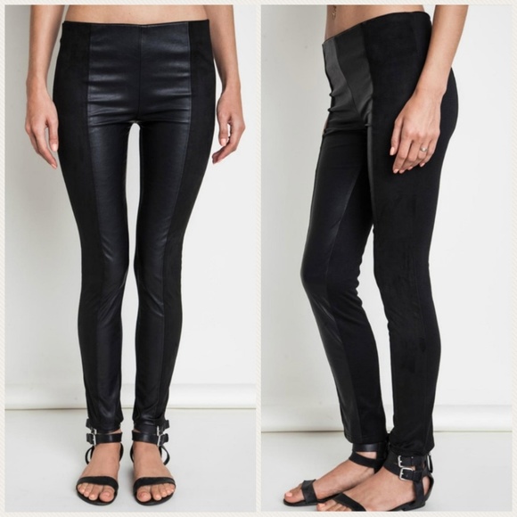 Pants - Vegan Leather Ponte Knit Panel Leggings